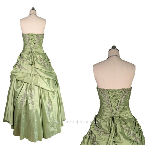 Vintage Prom Dress Ball Gown Maxi 10 Green Y2K Fairy Princess Beaded Strapless - Picture 5 of 16